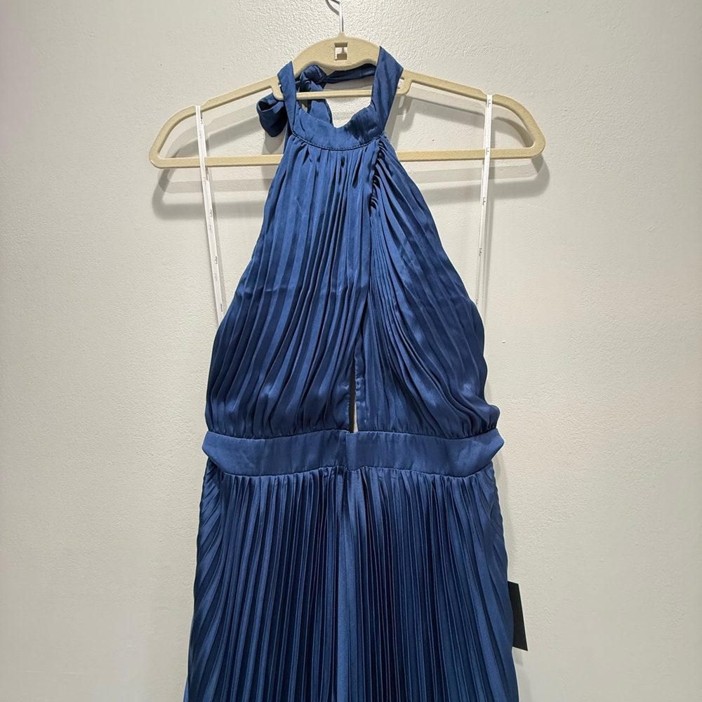 Lulus Midnight Moves Navy Blue Pleated Satin Cutout Halter Maxi Dress